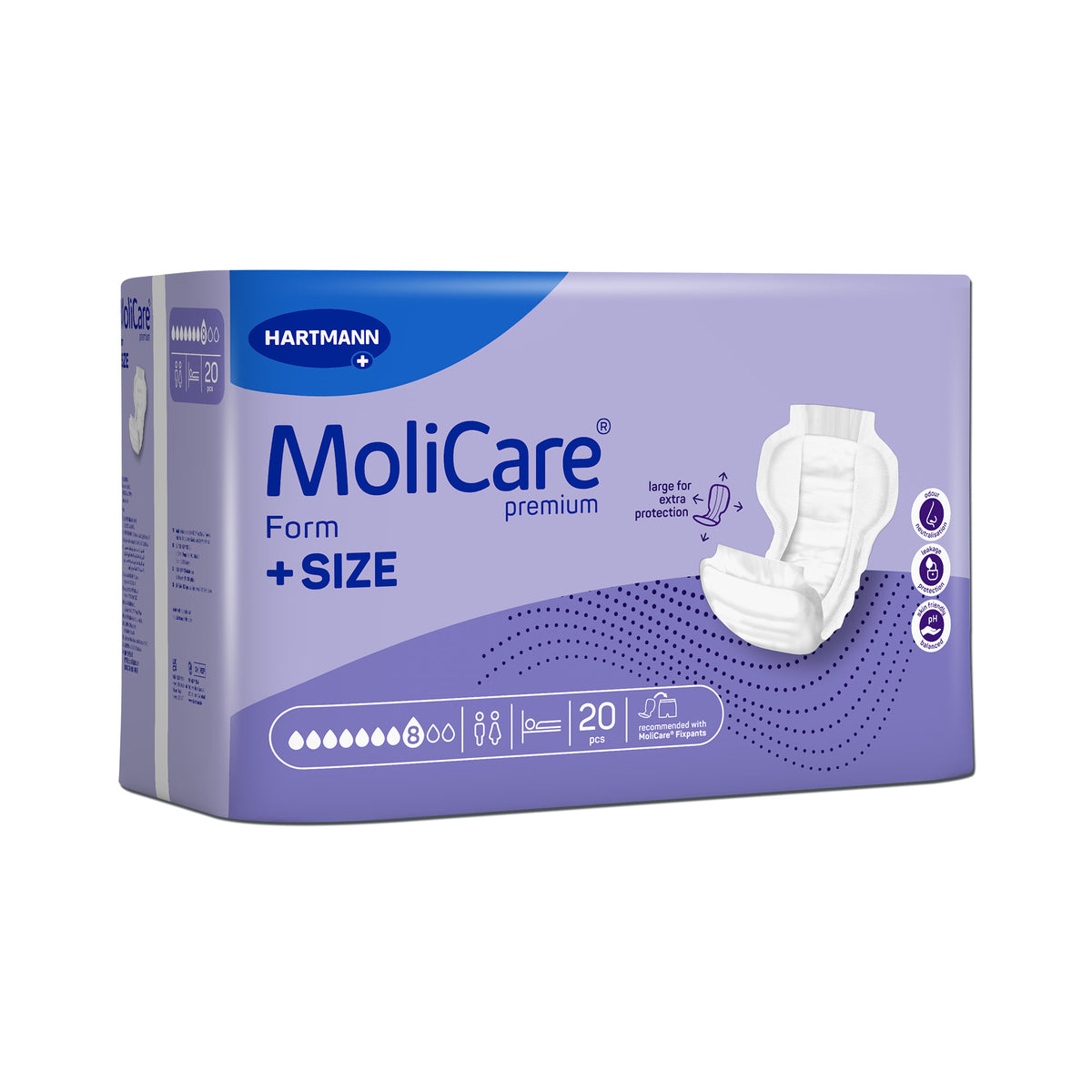 MoliCare Form +SIZE Windelpackung, violette Schachtel mit Aufdruck und Symbolen