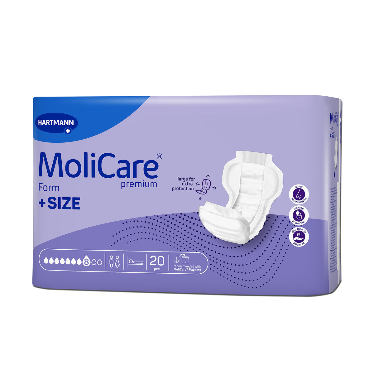 MoliCare Form +SIZE Windelpackung, violette Faltschachtel mit bedruckter Front und Symbolen