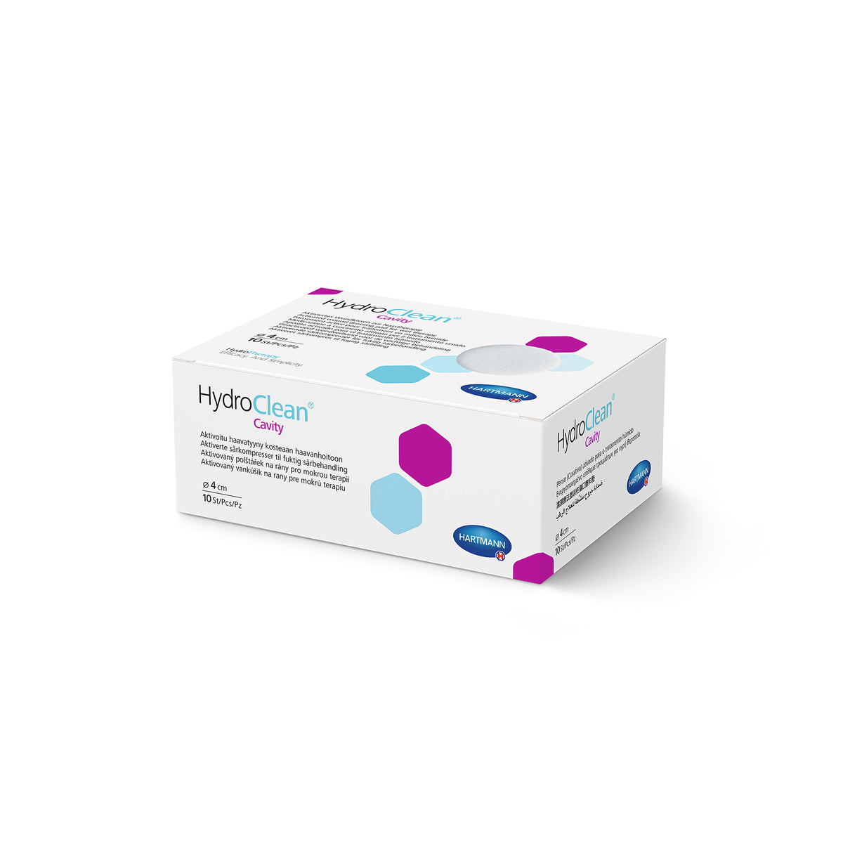 Hartmann HydroClean® Cavity Karton mit lila/blauen Hexagon-Illustrationen, weiß