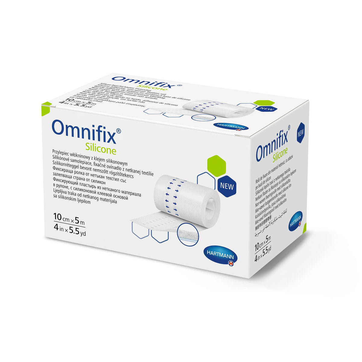 Hartmann Omnifix Silikon-Fixiervlies Packung mit Maßangaben auf der Schachtel