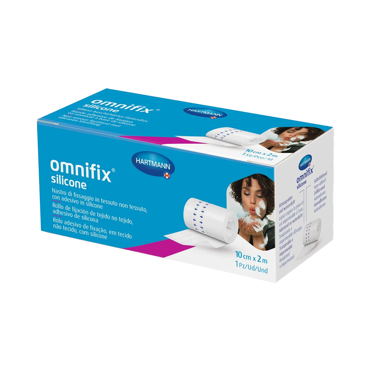 Hartmann Omnifix Silikon-Fixiervlies Rolle im Karton, blau/pink gestaltete Verpackung