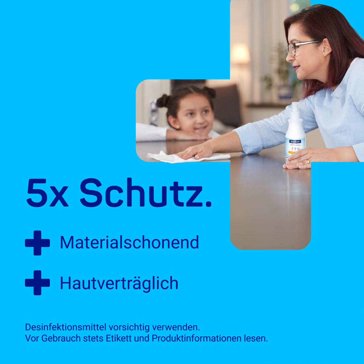 Flächendesinfektionsspray im Einsatz: Sprühen auf Oberflächen, Text „5x Schutz“