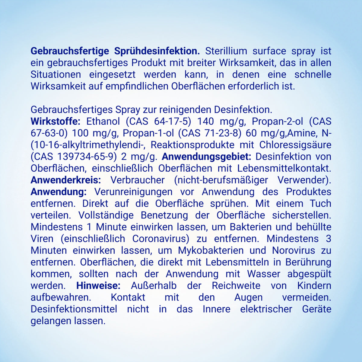 Gebrauchstext zur Flächendesinfektion: Anwendungshinweise und Kontaktzeiten