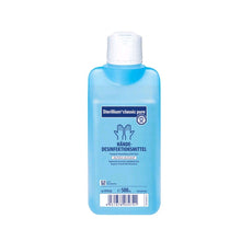 Blaues Händedesinfektionsmittel, Flasche mit weißem Deckel, Vorderseite, 500 ml.