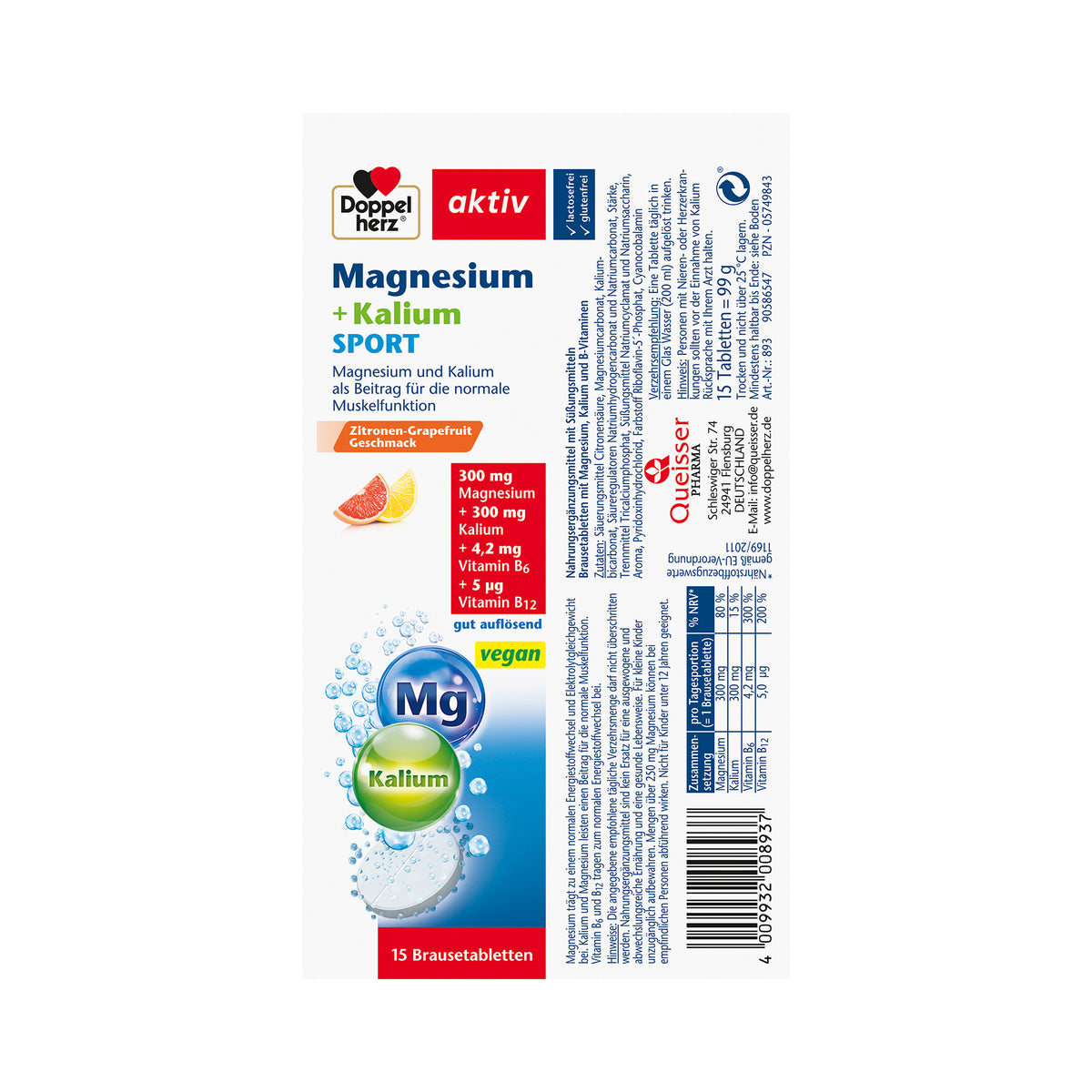 Doppelherz aktiv Magnesium-Kalium Sport Brausetablettenröhre, Rückseite mit Angaben