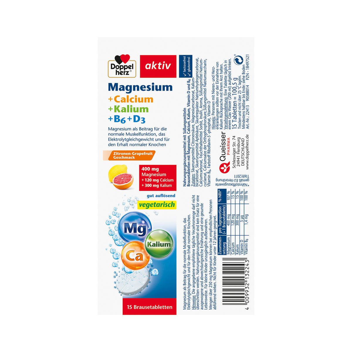 Doppelherz aktiv Brausetabletten-Dose: Magnesium, Calcium, Kalium, 15 Stk. (Vorder/Rück)