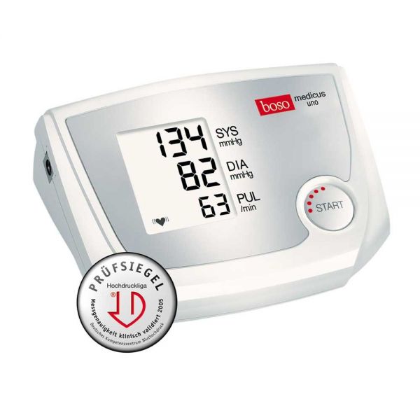 Oberarm-Blutdruckmessgerät Medicus Uno mit Display, START-Taste und Prüfsiegel