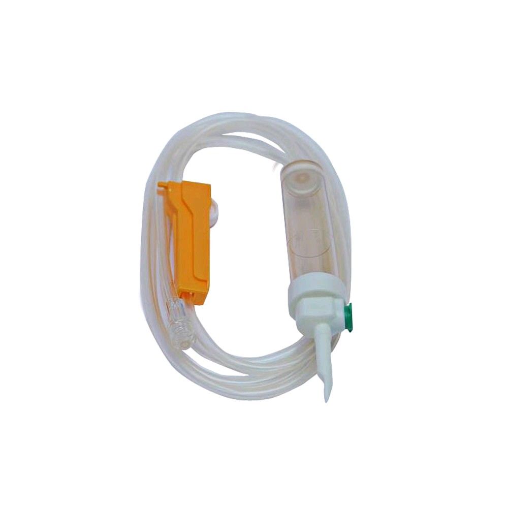 Infusionsset mit transparentem Schlauch, orange Klemme und weißem, grün markiertem Anschluss