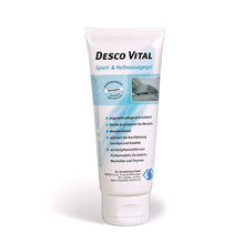Hydrogel-Gel Desco VITAL als Tube, weiß-blaues Etikett und Anwendungshinweise