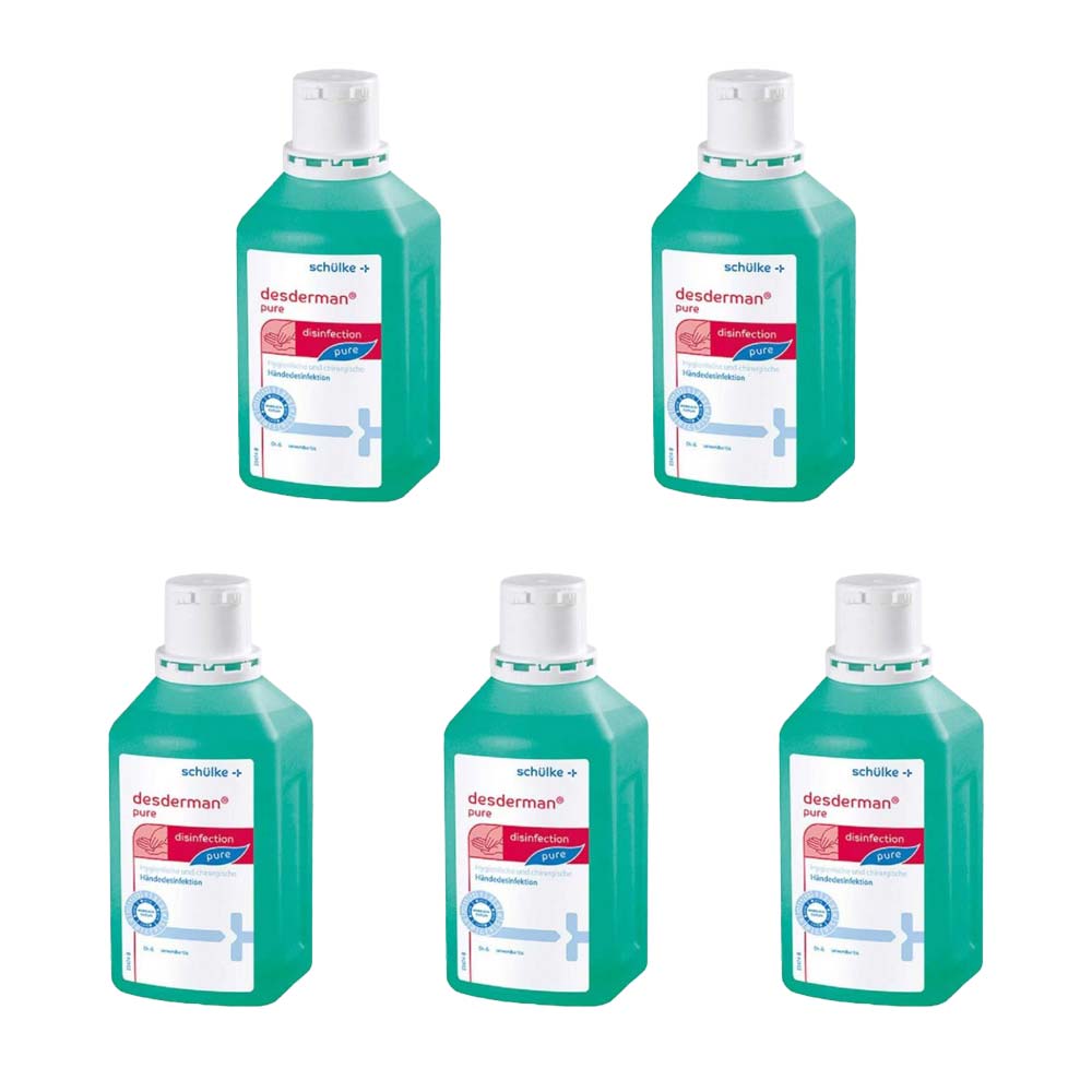 Schülke Desderman® Händedesinfektionsmittel-Set mit fünf 1‑l Flaschen, grün, mit weißem Deckel