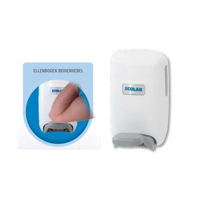 Weißer Spender mit Ecolab-Logo und grauem Ellenbogen-Bedienhebel