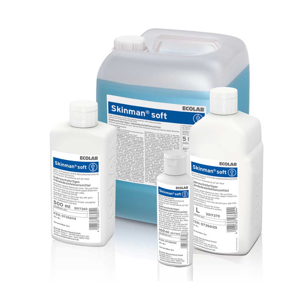 Ecolab Skinman soft Händedesinfektion, mehrere Flaschen und Kanister mit Dosierkappe
