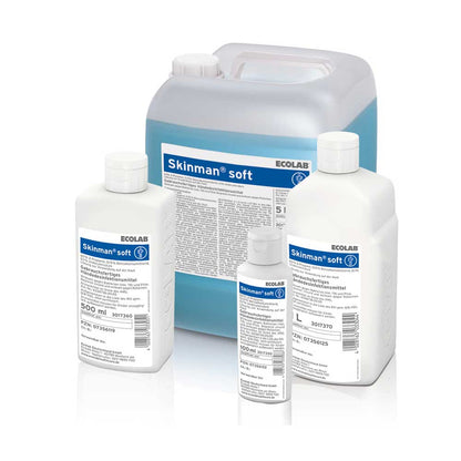 Ecolab Skinman soft Händedesinfektion, mehrere Flaschen und Kanister mit Dosierkappe