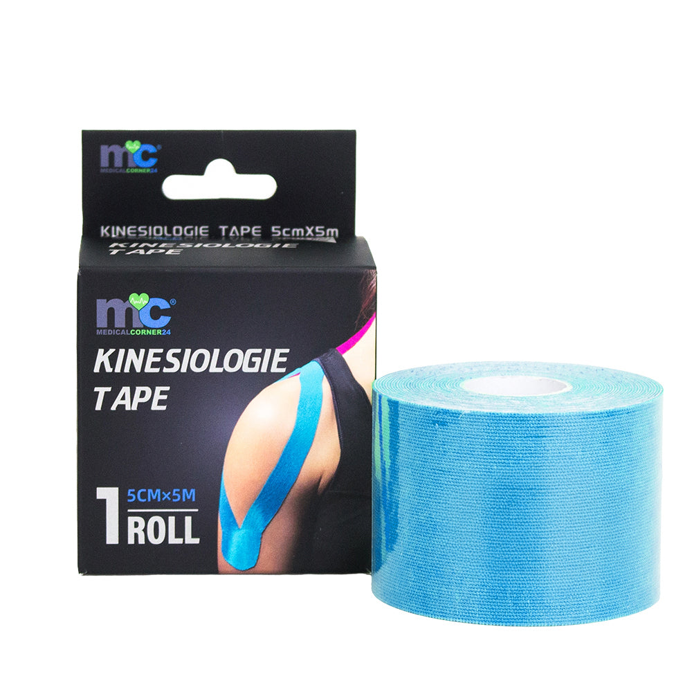 Kinesiologie-Tape-Rolle und Verpackung, Farbe blau
