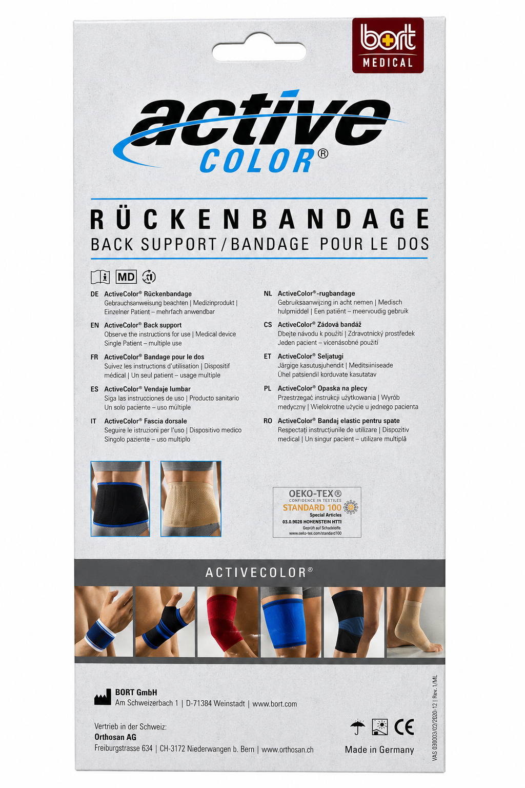 Rückenbandage ActiveColor von Bort, Verpackung mit Produktinfos und Abbildungen