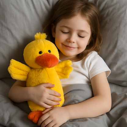 Gelbe Körnerkissen-Ente „Daffi“ in Kinderarmen, weiches Plüsch