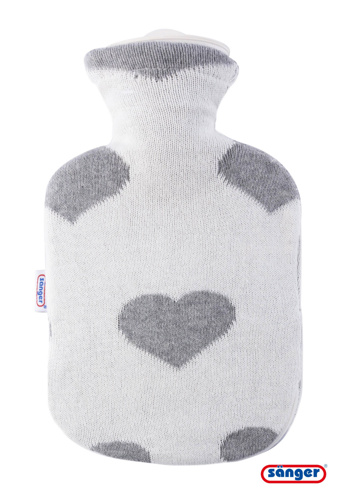 Sänger Wärmflasche mit Strickbezug, grauen Herzmotiven