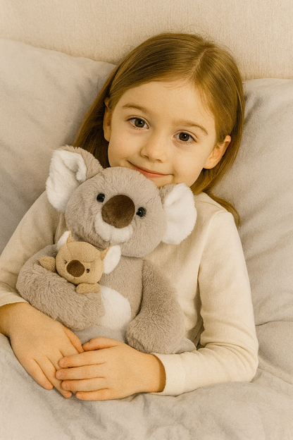 Plüsch-Koala hellgrau mit kleinem Kuscheltier, von Kind gehalten