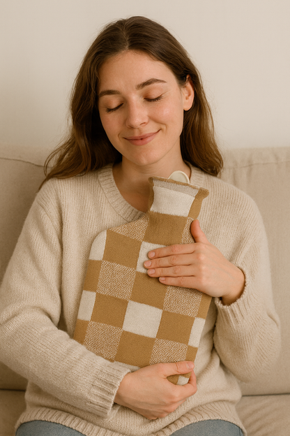 Baumwoll-Strickbezug für Wärmflasche, Karo beige/weiß, anliegend am Flaschenhals