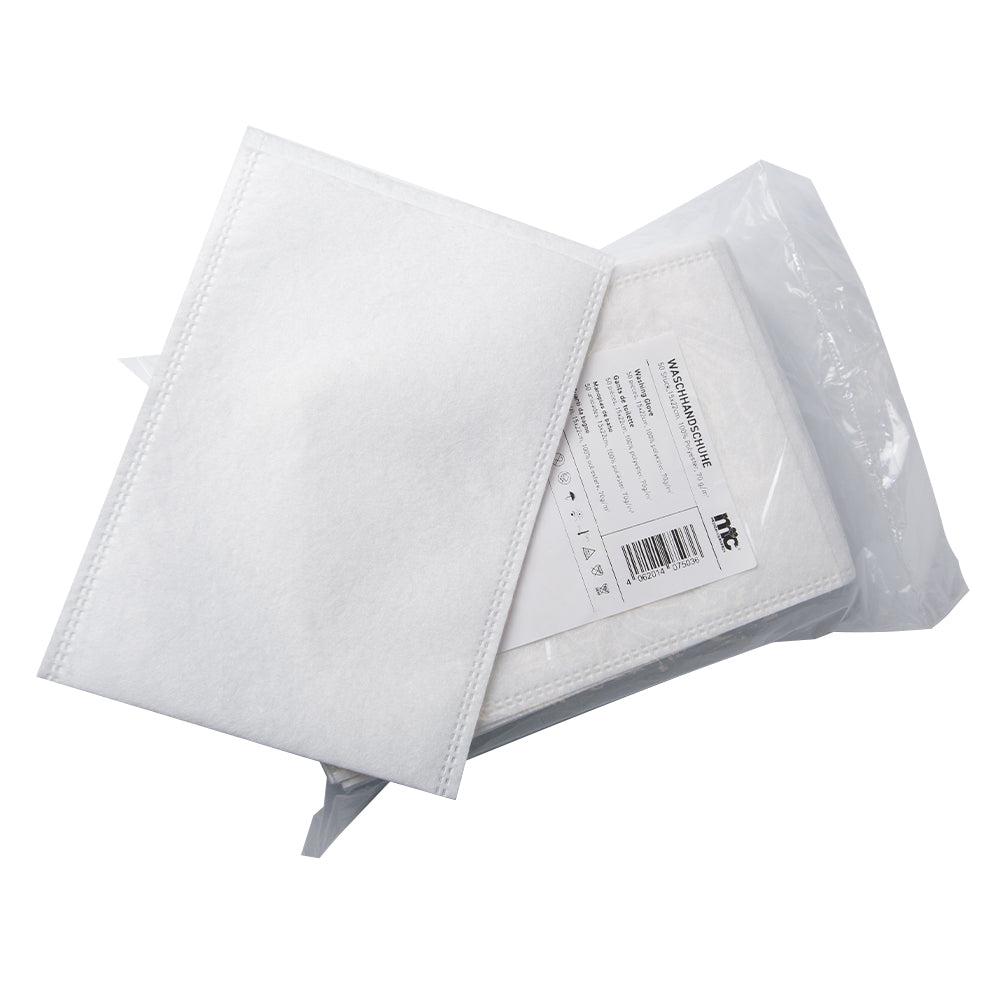 Unsterile Waschhandschuhe hellweiß in geöffneter Folienverpackung, rechteckig, gefaltet
